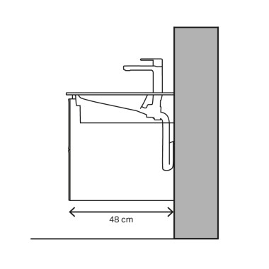 48 cm projeksiyonlu ve yatay drenajlı lavabo teknik çizimi