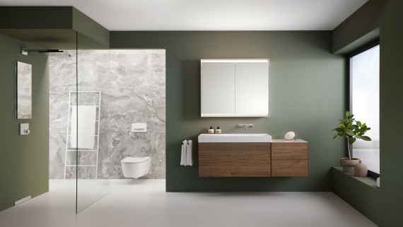 Geberit ONE mobilyalı, seramikli ve duvar süzgeçli geniş banyo