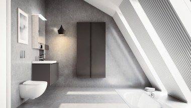 Tavanı eğimli ve Acanto banyo mobilyaları bulunan modern banyo