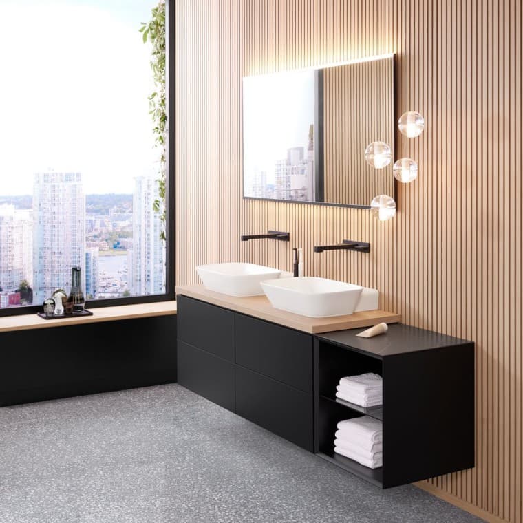 Geberit Option Plus ayna ile Geberit ONE banyo lavabosu ve lavabo dolabı Geberit Option Plus ayna ile Geberit ONE banyo lavabosu ve lavabo dolabı