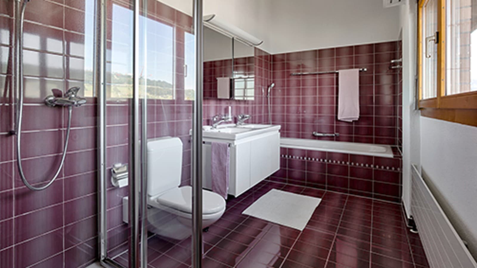 Kırmızı fayanslarla yenilenmeden önce banyo Kırmızı fayanslarla yenilenmeden önce banyo